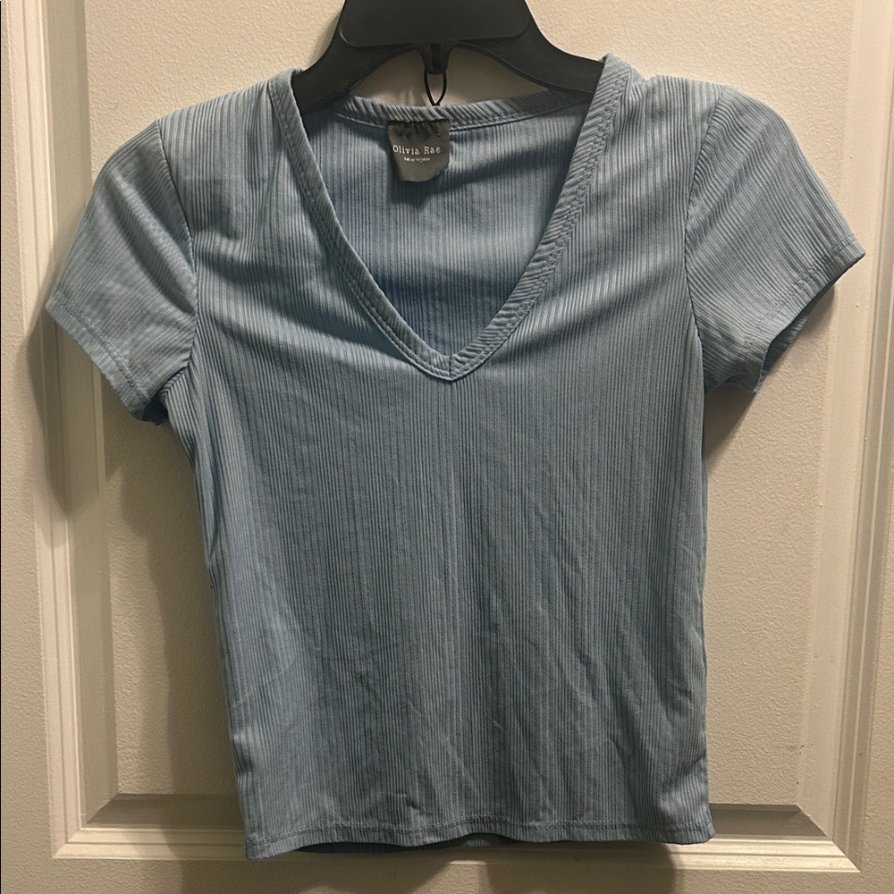 Olivia Rae Light Blue Ribbed V-Neck Tee